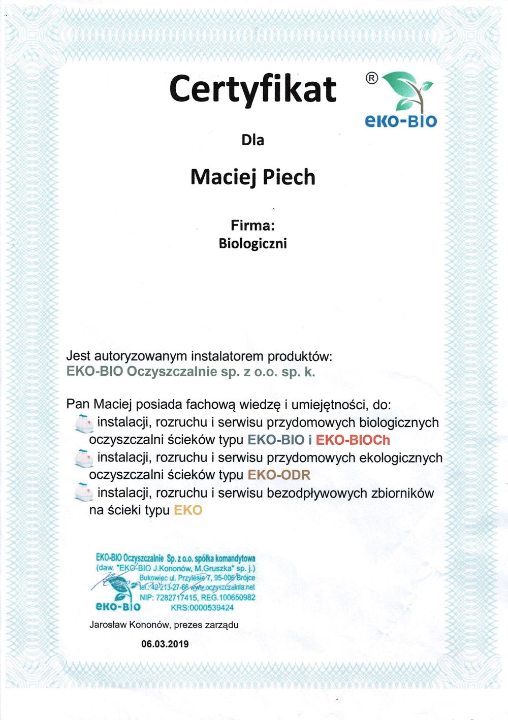 Certyfikat 2 Biologiczni.pl